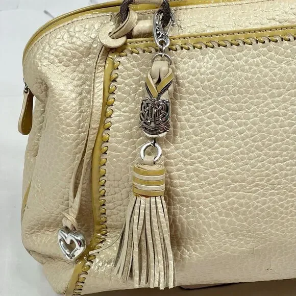 Brighton Metallic Cream Pebbled Leather Dual Handle Satchel U197302 Tassel Charm - Picture 4 of 14